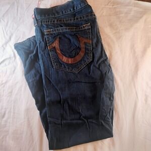 True Religion Men's 38x34 Blue Denim Brown‎ Leather Flap Pockets  Wide Leg USA